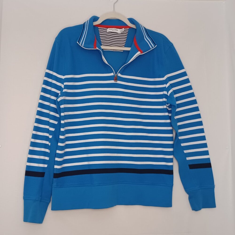 Men's‎ Nautica 100% Cotton Blue & White Striped Sweater Slim Fit Size Large
